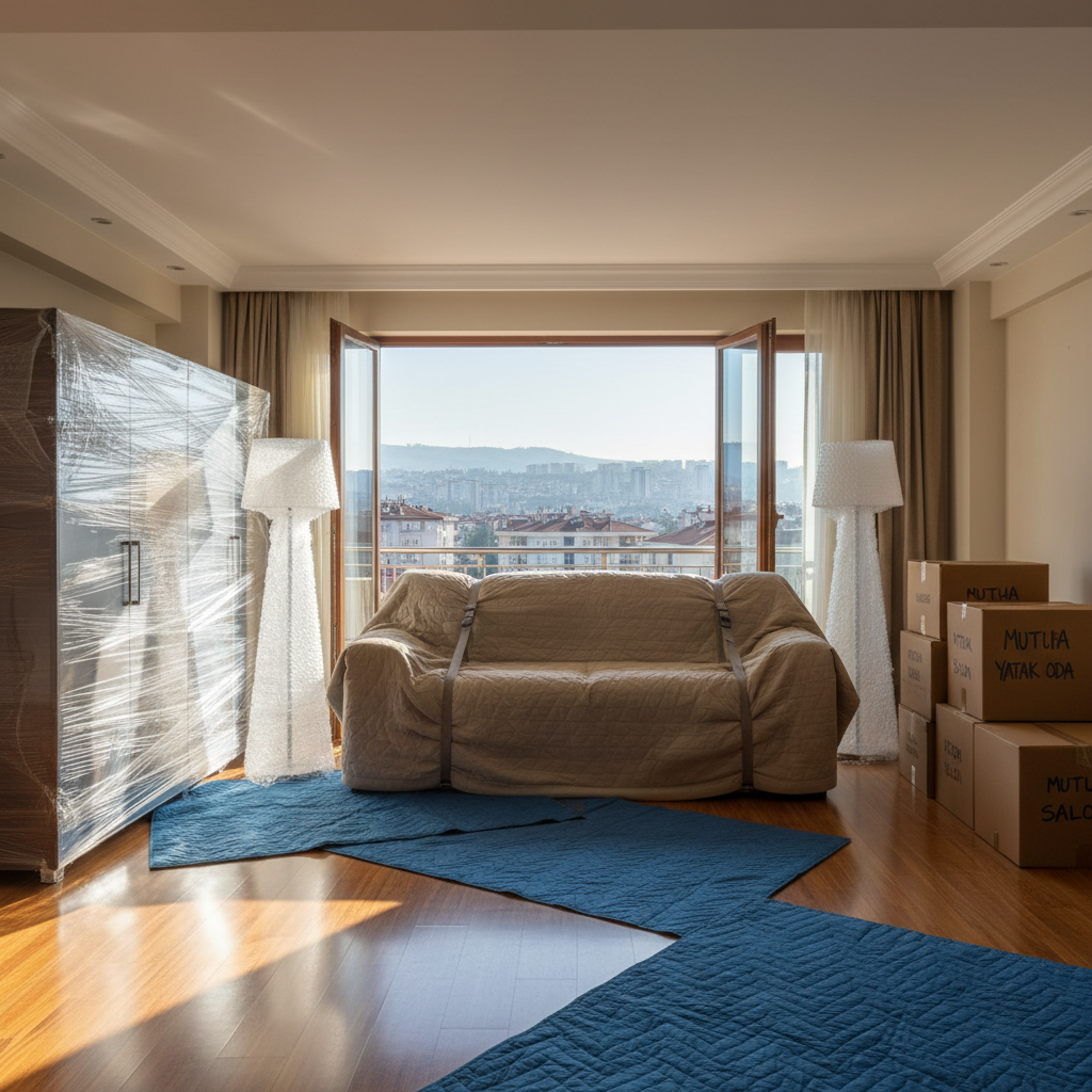 A spacious, sunlit Ankara apartment interior in the middle of a move, with a polished hardwood floor partially covered by thick, blue moving blankets. In the center, a large, carefully wrapped sofa stands alongside bubble-wrapped lamps, shrink-wrapped wardrobes, and sturdy cardboard boxes labeled for different rooms. Through the wide balcony doors, Ankara’s cityscape with distant hills and apartment blocks is softly blurred. Warm morning light streams in, creating defined yet gentle shadows and crisp reflections on the floor. Shot from a slightly elevated angle with sharp focus throughout, the composition feels orderly and calm, showcasing meticulous packing and protection for city and intercity home moves in a realistic, professional photographic style.