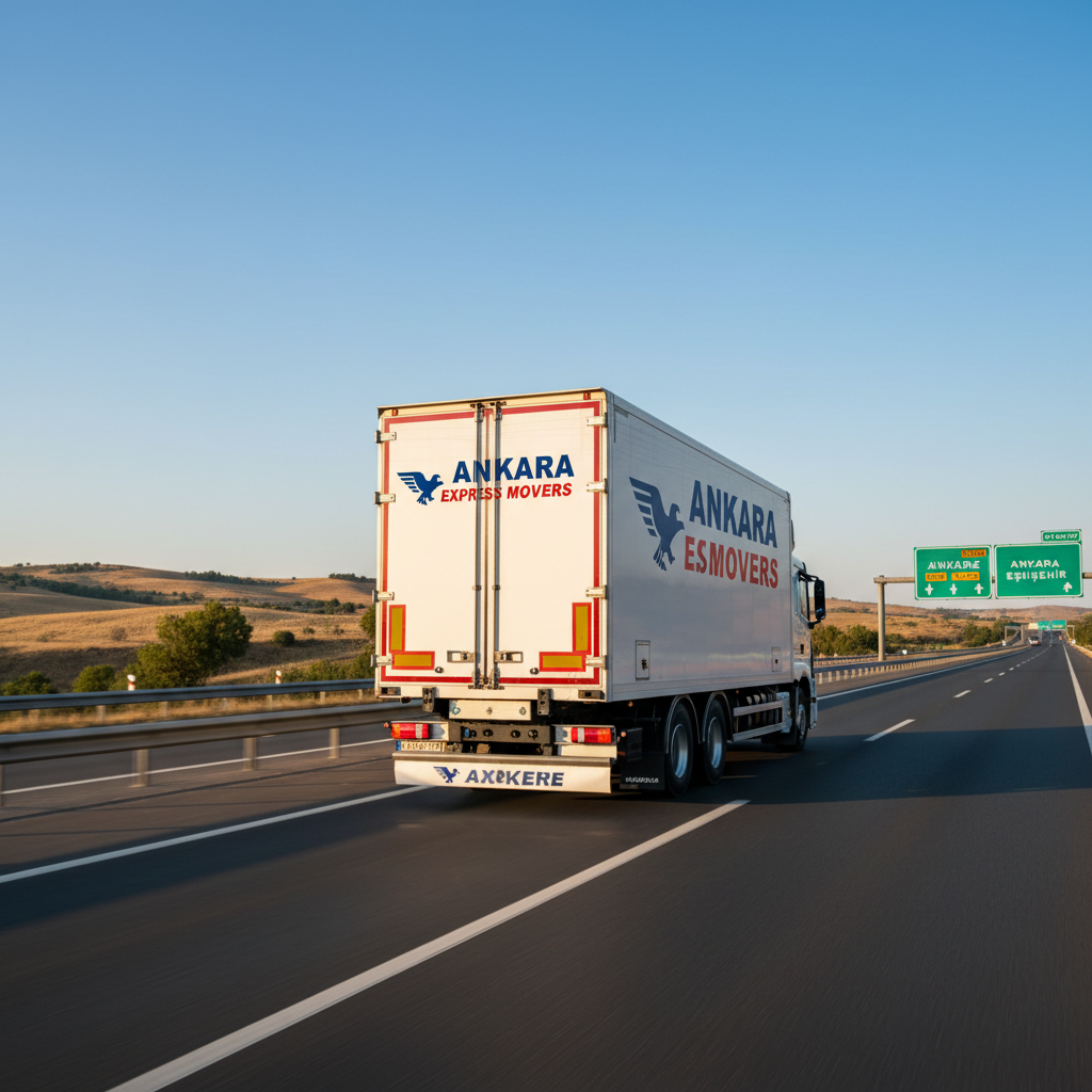 An intercity highway scene just outside Ankara, with a branded white moving truck traveling confidently in the right lane, its cargo box immaculate and free of clutter. Rolling Anatolian hills stretch into the distance under a clear blue sky, while roadside barriers and directional signs recede in perspective. The low, three-quarter rear angle emphasizes the truck’s movement and stability. Late afternoon golden light washes across the landscape, creating long, soft shadows and subtle reflections on the truck’s metal surfaces. The composition follows the rule of thirds, with crisp focus on the vehicle and slightly softened distant scenery. The mood is dynamic yet controlled, conveying safe, reliable, long-distance home moving service in a realistic, professional photographic style.