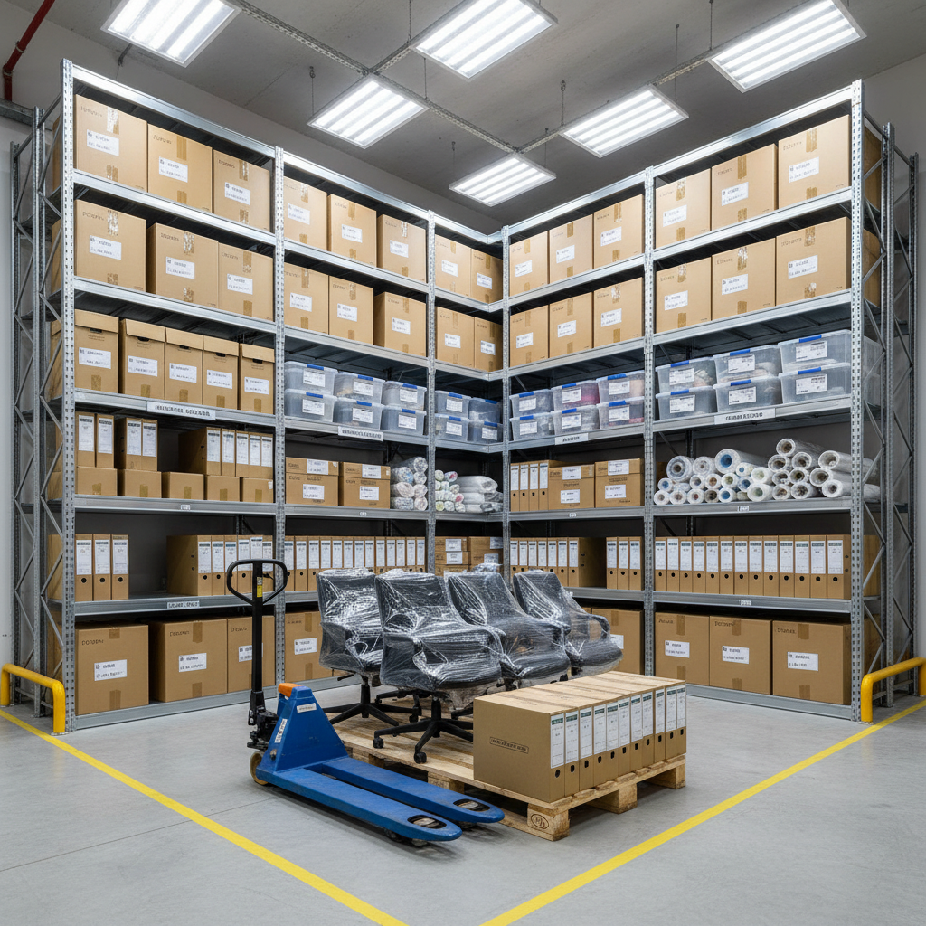 A tidy logistics warehouse corner dedicated to household and office moving in Ankara, featuring tall metal shelving filled with neatly stacked moving boxes, labeled plastic storage bins, and coiled packing materials. In the foreground, a pallet jack rests beside a raised pallet loaded with securely wrapped office chairs, monitors in foam-lined boxes, and organized file cartons. Overhead cool-white industrial lighting provides even illumination, eliminating harsh shadows and emphasizing clarity and cleanliness. Captured from an eye-level perspective with a deep depth of field, every detail of the storage system is visible. The mood is efficient and controlled, with a photographic, businesslike aesthetic that highlights professional depot and office relocation readiness for moves across Turkey.