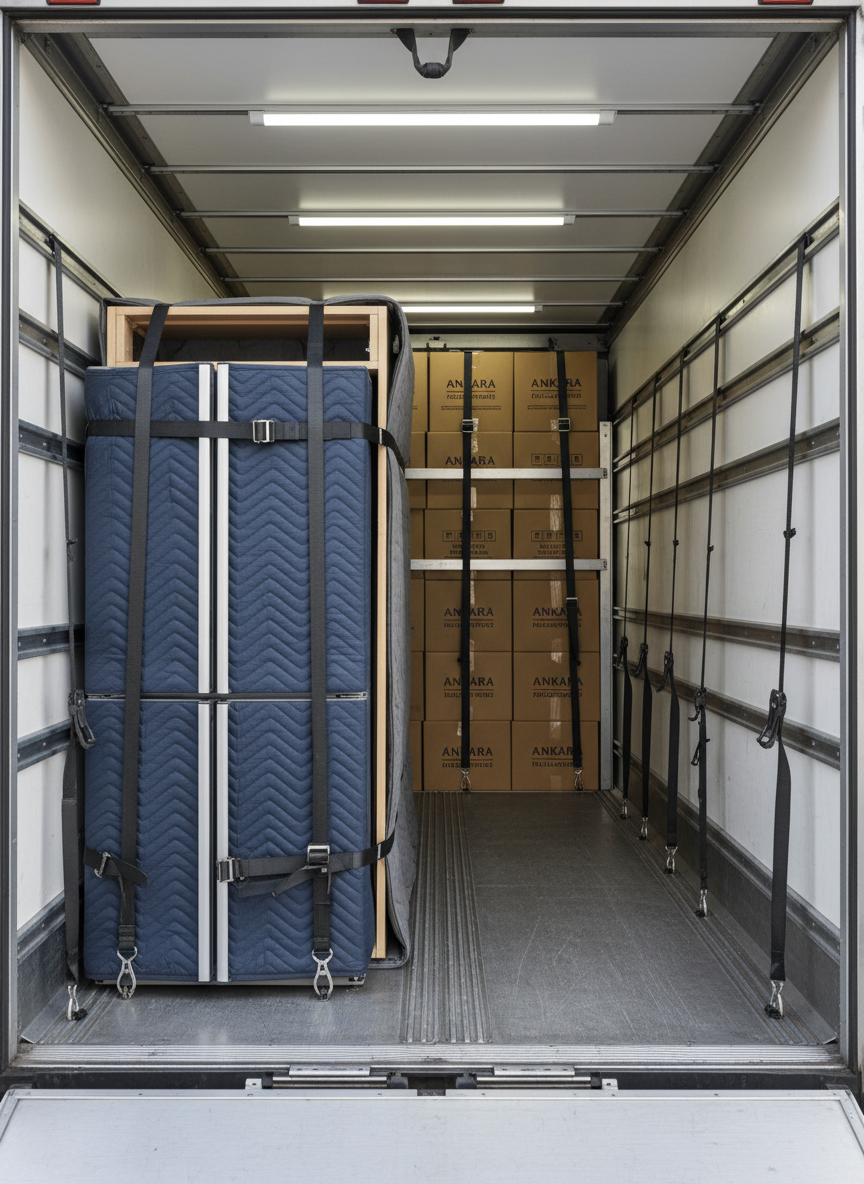 The interior of a well-organized moving truck used for Ankara city and intercity relocations, shot from the open rear door looking inward. Along the walls, metal rails support evenly spaced straps securing refrigerators, wardrobes padded with quilted blankets, and tall stacks of uniform boxes. The non-slip metal floor is clean and reflective, catching highlights from soft daylight entering from the back and a subtle interior LED strip overhead. The perspective draws the eye toward the front of the truck, with clear lines and sharp detail throughout. The mood is orderly and reassuring, emphasizing secure loading, careful packaging, and professional equipment in a clean, modern photographic style.